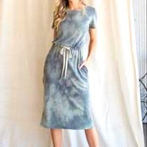 7th Ray Olive Green Tie Dye Midi Dress for Casual Everyday Wear Size Small
